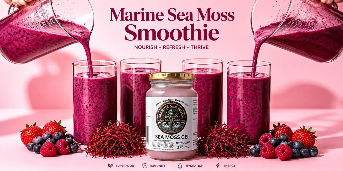​A jar of Marine Sea Moss Gel centered among four glasses of vibrant pink berry smoothies being poured from blenders, surrounded by fresh strawberries, blueberries, raspberries, and raw red sea moss