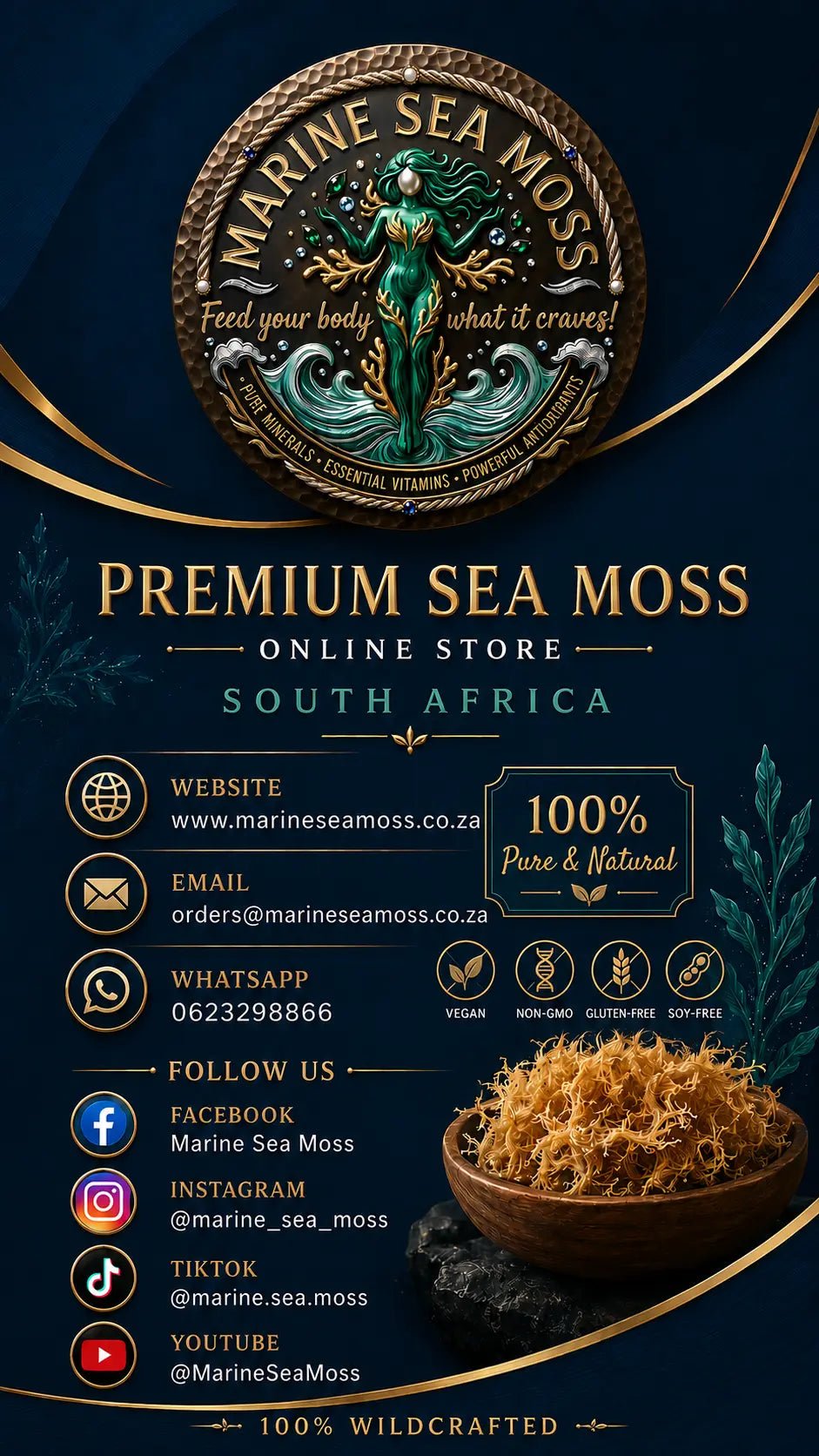 An promotional flyer for Marine Sea Moss Online Store South Africa featuring raw wildcrafted sea moss in a wooden bowl and official contact details