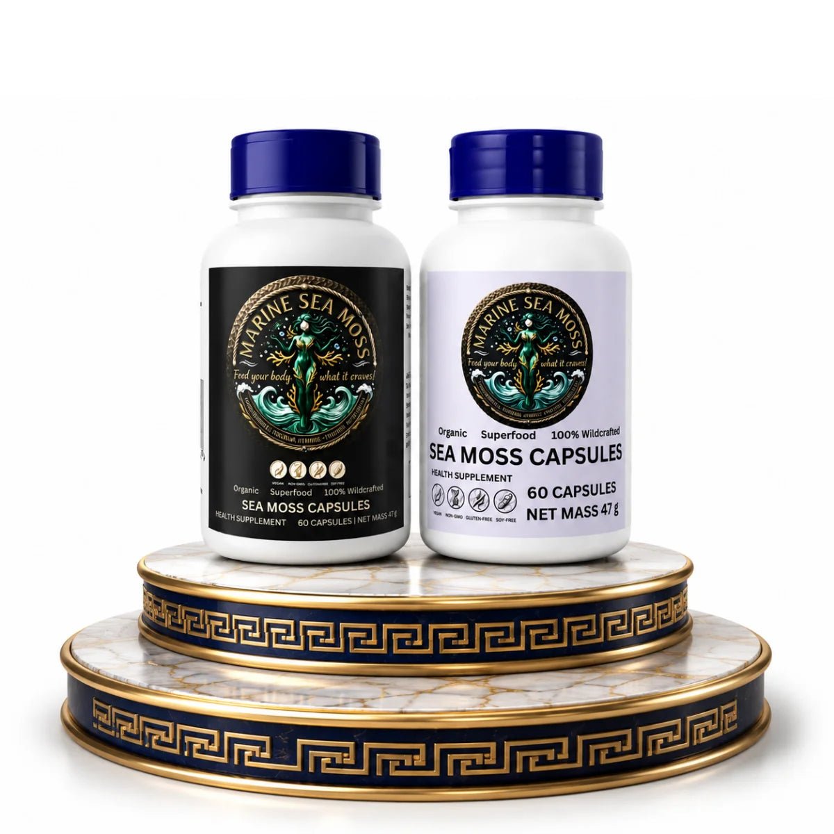 Two white bottles of Marine Sea Moss capsules displayed on a decorative round marble and gold pedestal against a white background.
