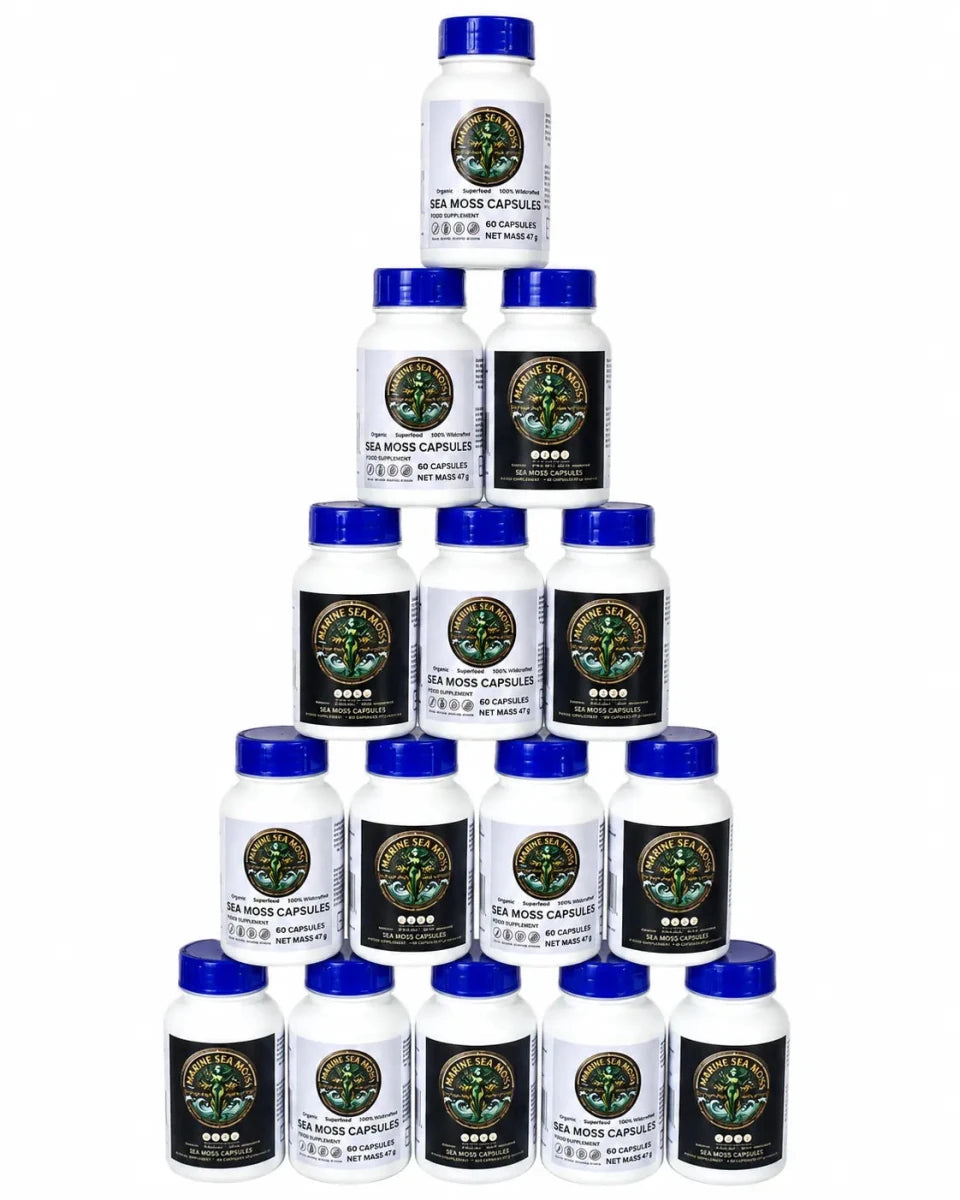 15 Marine Sea Moss Capsule bottles stacked in a pyramid — wildcrafted sea moss 