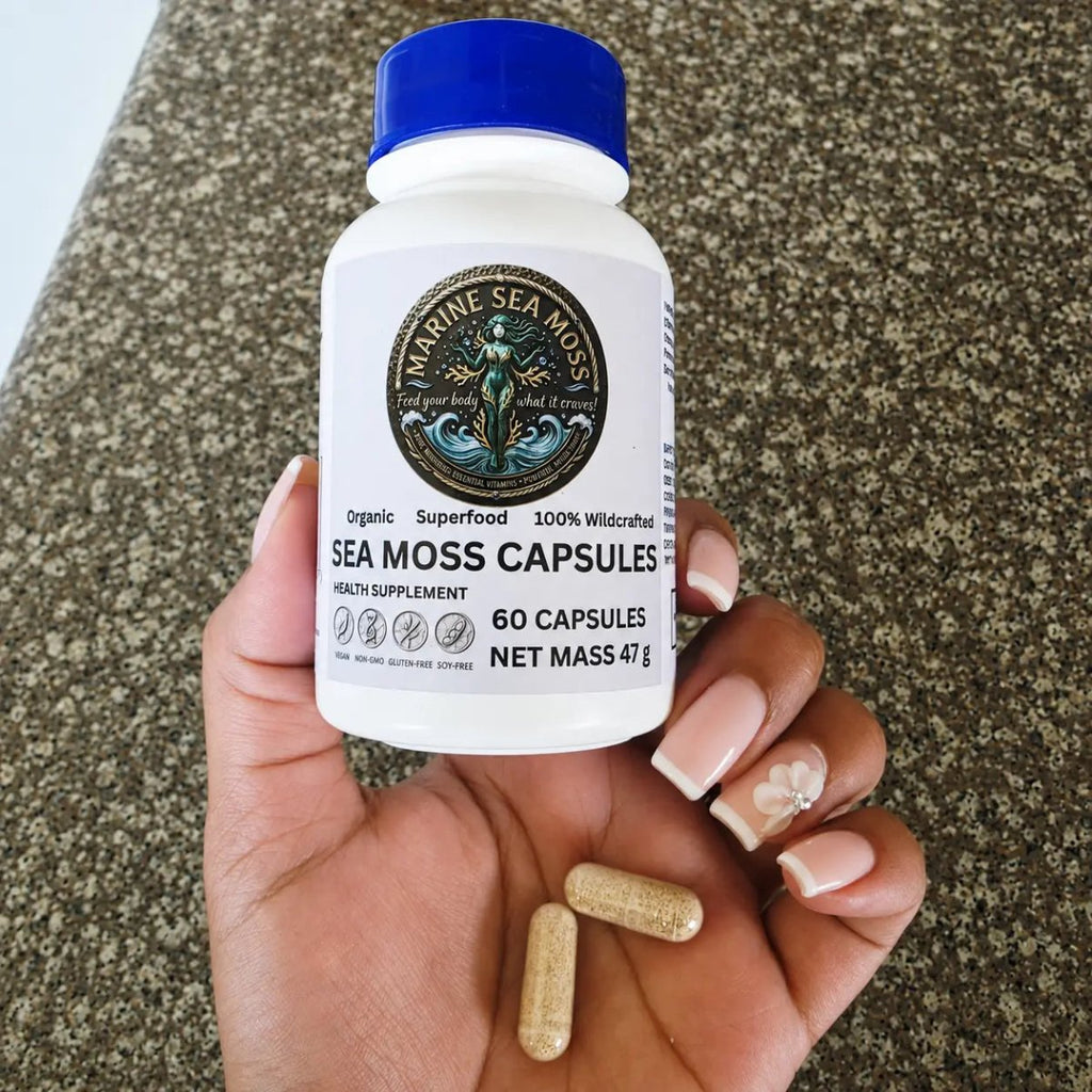 Hand holding Marine Sea Moss Capsules bottle with two sea moss capsules resting in palm