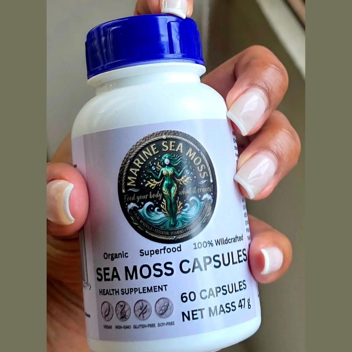 Hand holding Marine Sea Moss Capsules bottle — 60 capsules, 100% wildcrafted