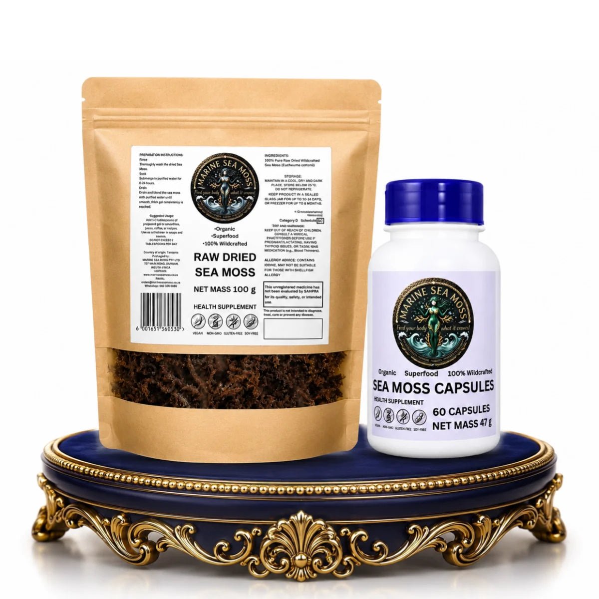 A Marine Sea Moss product bundle featuring a Raw Dried Sea Moss pouch and Sea Moss Capsules bottle displayed on a gold and blue pedestal against a white background