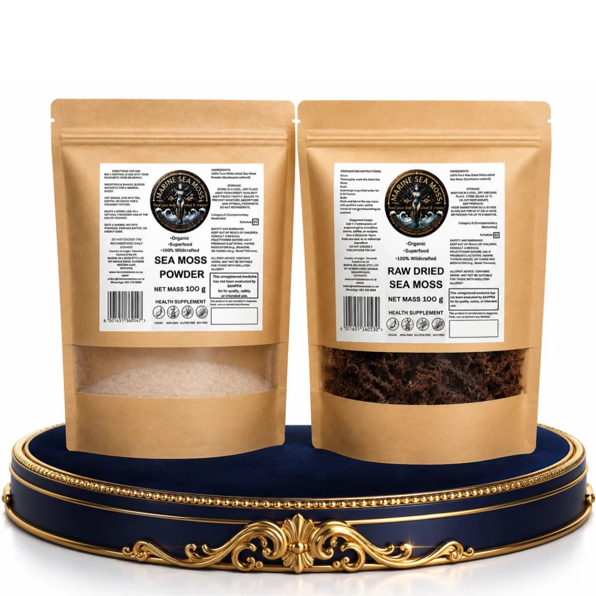 Marine Sea Moss Powder pouch and Raw Dried Sea Moss pouch displayed on a navy and gold tray against a white background.