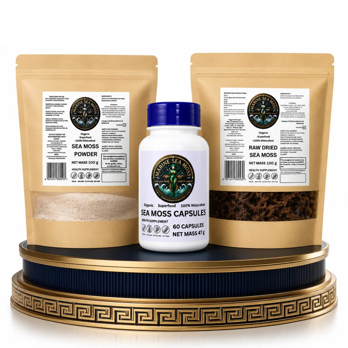 The Infinite Sea Moss Tier Bundle featuring a Marine Sea Moss Powder pouch, a Sea Moss Capsules bottle, and a Raw Dried Sea Moss pouch displayed on a decorative gold and blue pedestal