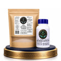Marine Sea Moss Powder pouch and Sea Moss Capsules bottle displayed on a gold-rimmed pedestal against a white background