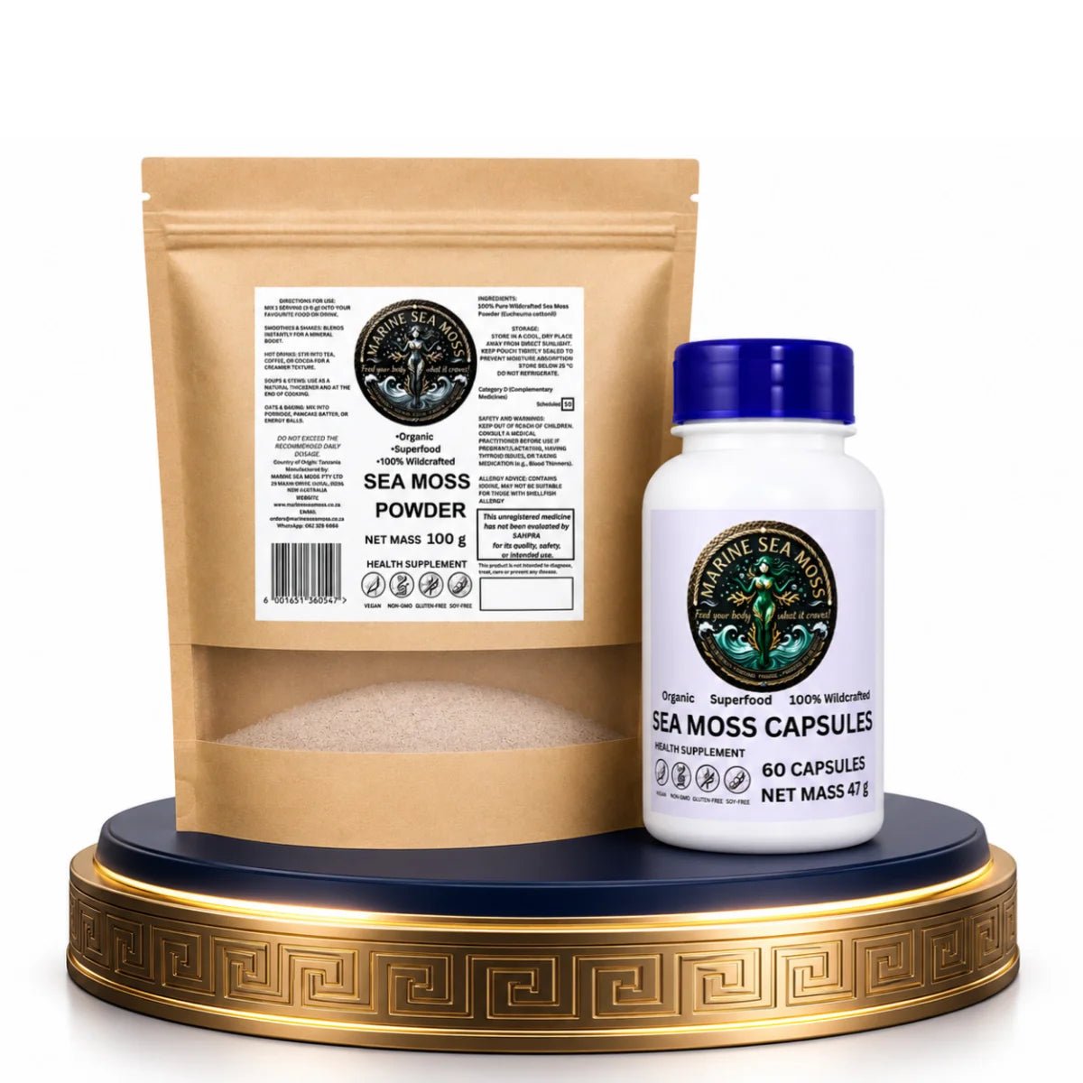 Marine Sea Moss Powder pouch and Sea Moss Capsules bottle displayed on a gold-rimmed pedestal against a white background