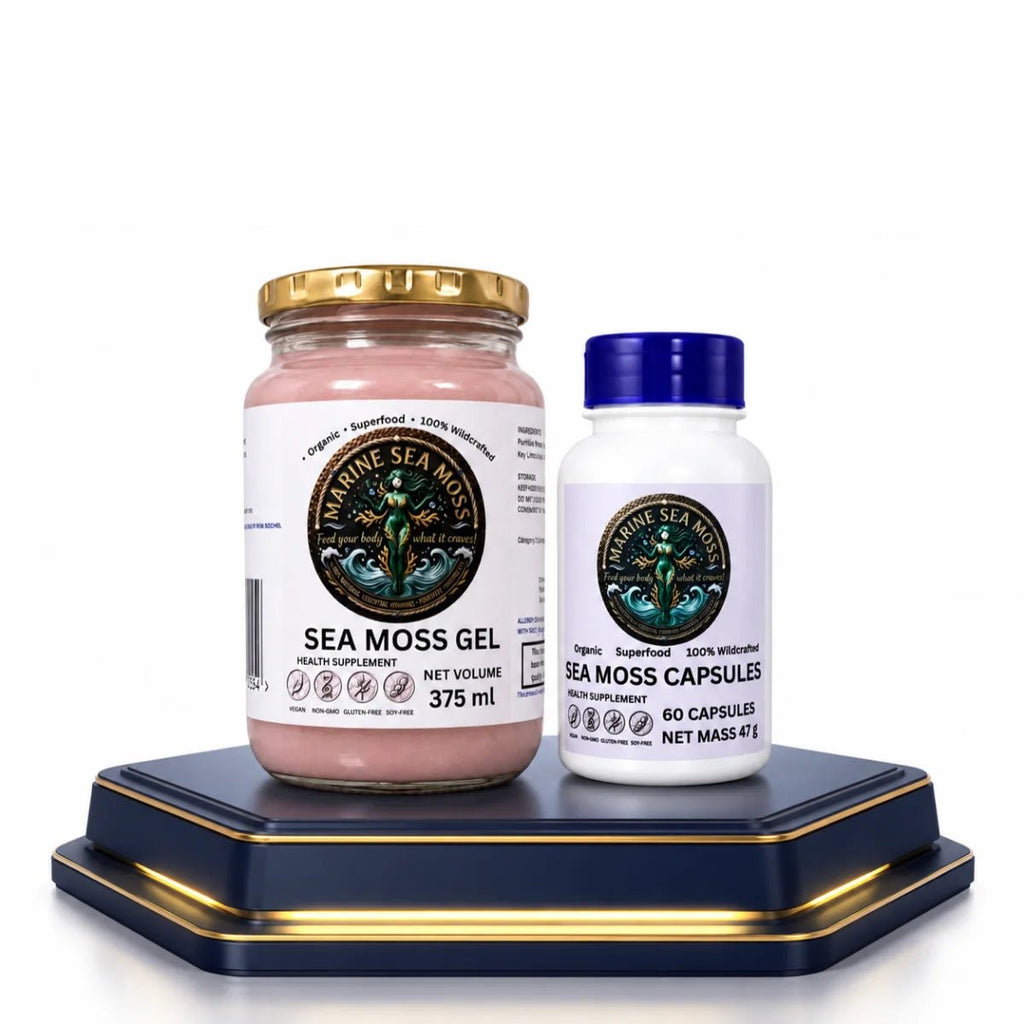 Premium Sea Moss Gel and Capsule Reset Bundle displayed on an elegant navy and gold pedestal