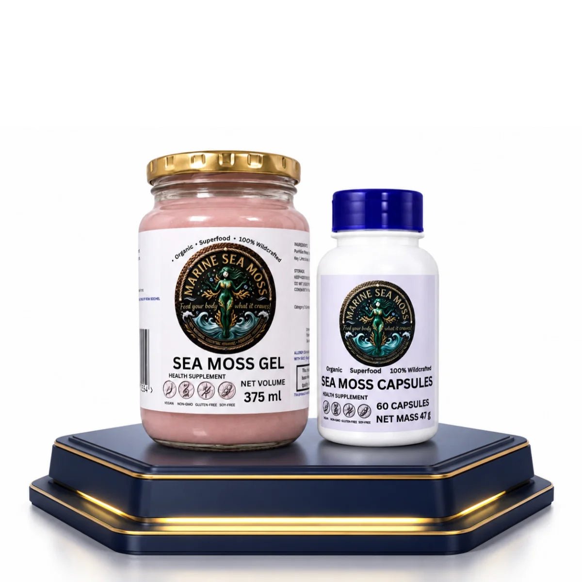Premium Sea Moss Gel and Capsule Reset Bundle displayed on an elegant navy and gold pedestal