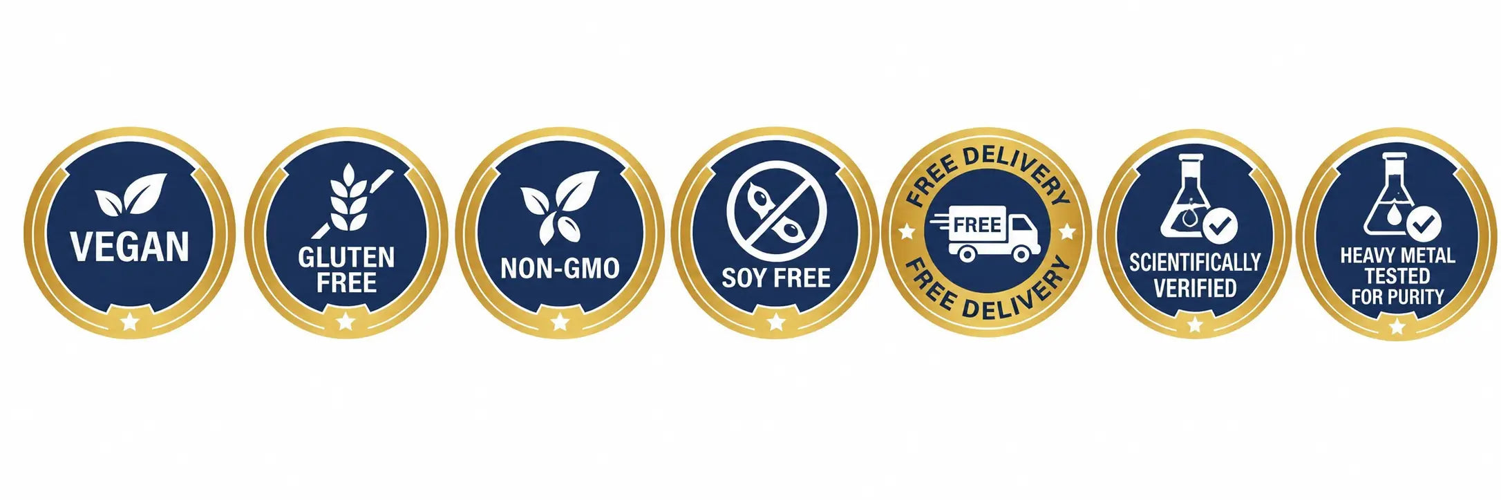Marine Sea Moss trust badges - Vegan, Gluten Free, Non-GMO, Soy Free, Free Delivery, Scientifically Verified, Heavy Metal Tested for Purity