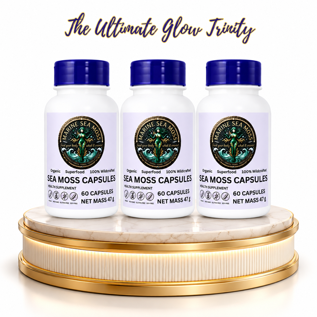 Three bottles of Marine Sea Moss Capsules on a gold and marble pedestal under the text "The Ultimate Glow Trinity."