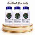 Three bottles of Marine Sea Moss Capsules on a gold and marble pedestal under the text "The Ultimate Glow Trinity."