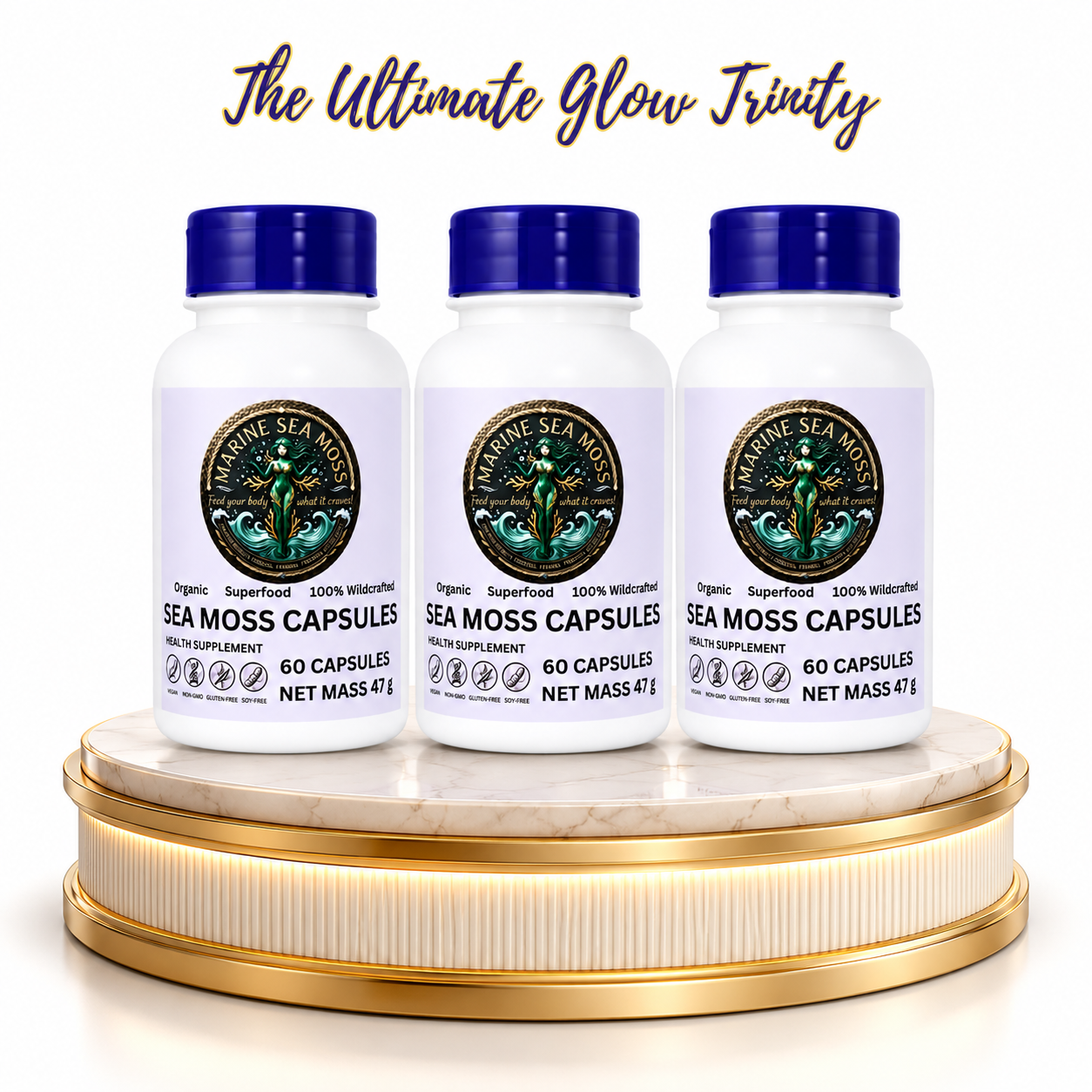 Three bottles of Marine Sea Moss Capsules on a gold and marble pedestal under the text "The Ultimate Glow Trinity."