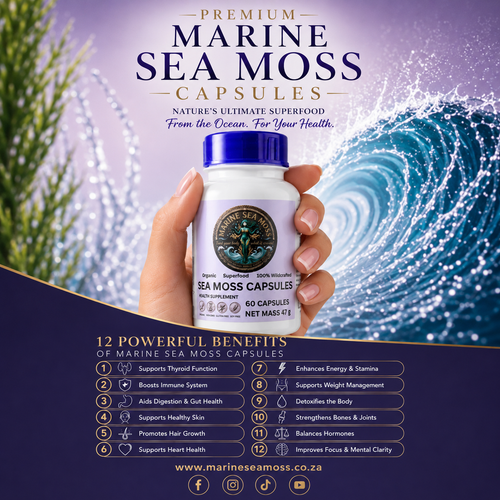Promotional image for premium Marine Sea Moss Capsules bottle, showcasing the product and the list of 12 powerful health benefits