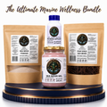 The Ultimate Marine Wellness Bundle featuring a Sea Moss Powder pouch, Sea Moss Gel jar, stacked Sea Moss Capsules bottle, and a Raw Dried Sea Moss pouch on a decorative blue and gold pedestal