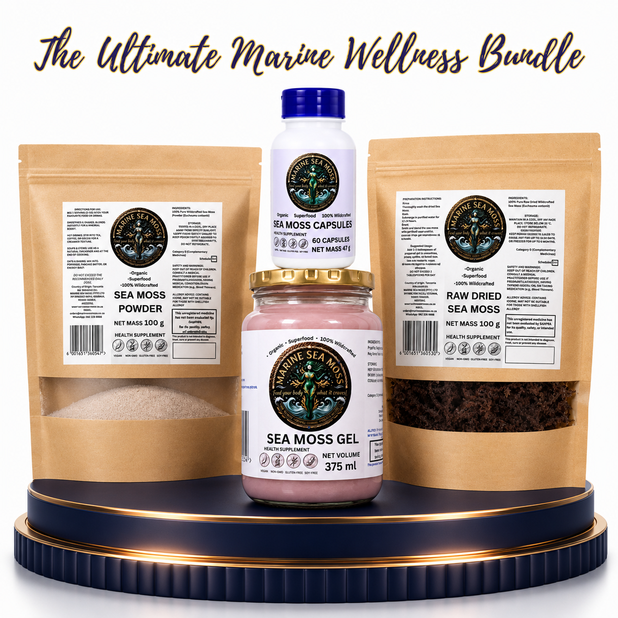 The Ultimate Marine Wellness Bundle featuring a Sea Moss Powder pouch, Sea Moss Gel jar, stacked Sea Moss Capsules bottle, and a Raw Dried Sea Moss pouch on a decorative blue and gold pedestal