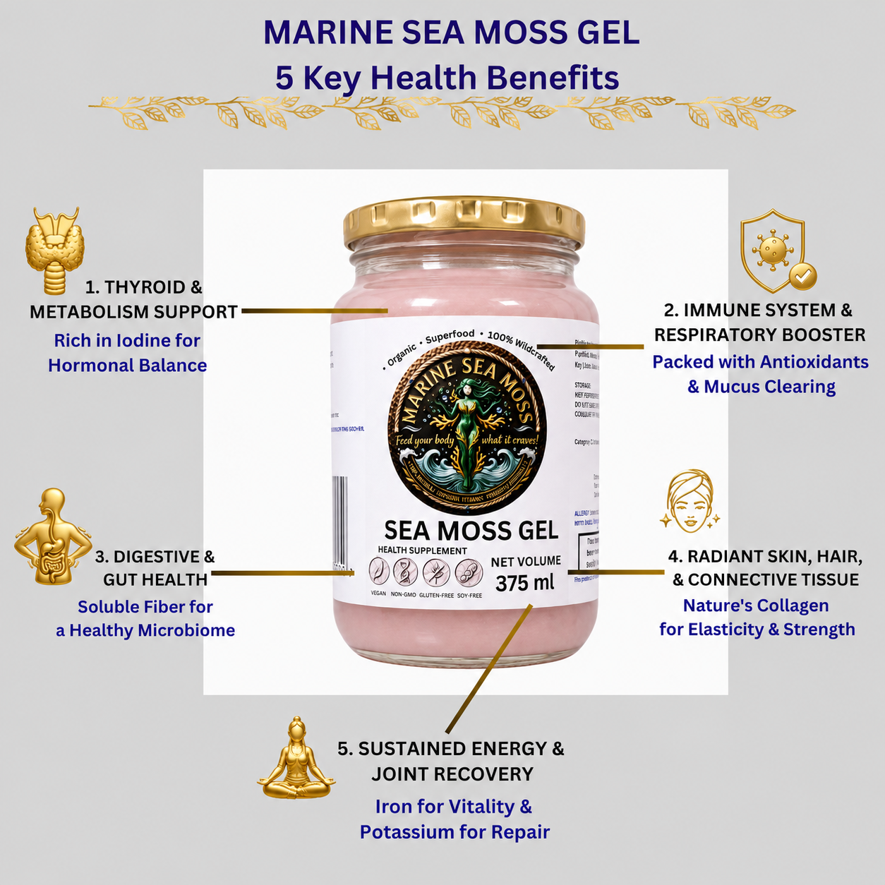 Marine Sea Moss Gel jar with 5 key health benefits listed on a light gray background