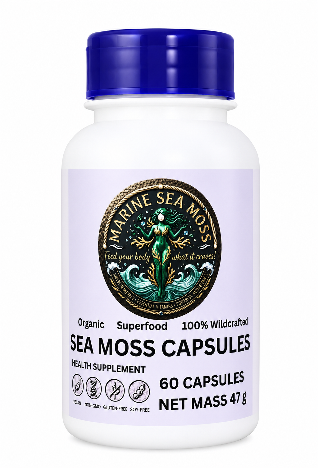 Marine Sea Moss capsules bottle with a blue cap, featuring the organic, wildcrafted 60-capsule formula with 1,566 milligrams of potency for optimal health support