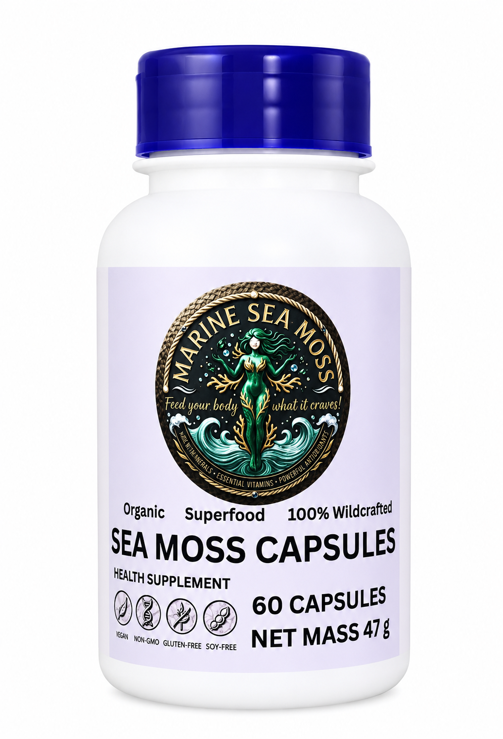 Marine Sea Moss capsules bottle with a blue cap, featuring the organic, wildcrafted 60-capsule formula with 1,566 milligrams of potency for optimal health support