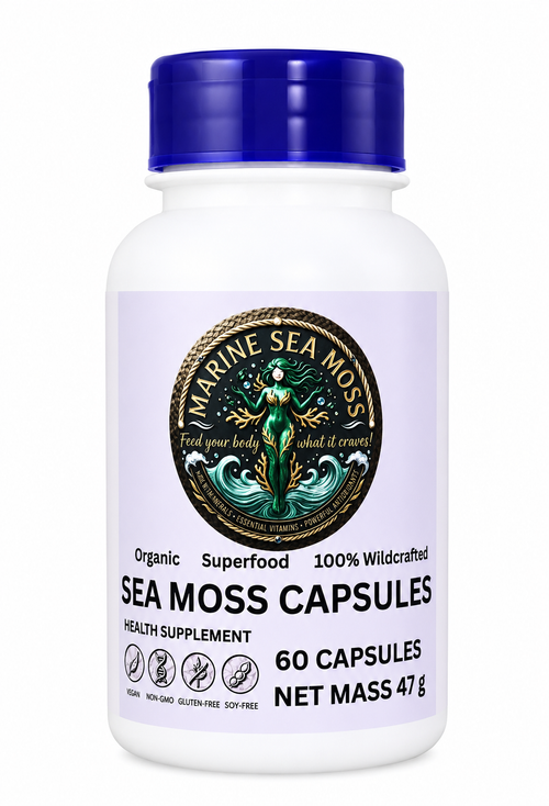 Marine Sea Moss capsules bottle with a blue cap, featuring the organic, wildcrafted 60-capsule formula with 1,566 milligrams of potency for optimal health support