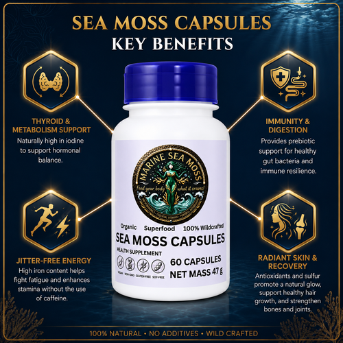 An infographic titled 'Sea Moss Capsules Key Benefits' surrounding a bottle of Marine Sea Moss Capsules with four highlighted sections: Thyroid and Metabolism Support, Immunity and Digestion, Jitter-Free Energy, and Radiant Skin and Recovery