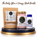 The Daily Glow & Energy Stack Bundle featuring Marine Sea Moss Powder pouch, Sea Moss Gel jar, and Sea Moss Capsules bottle on a blue and gold display pedestal