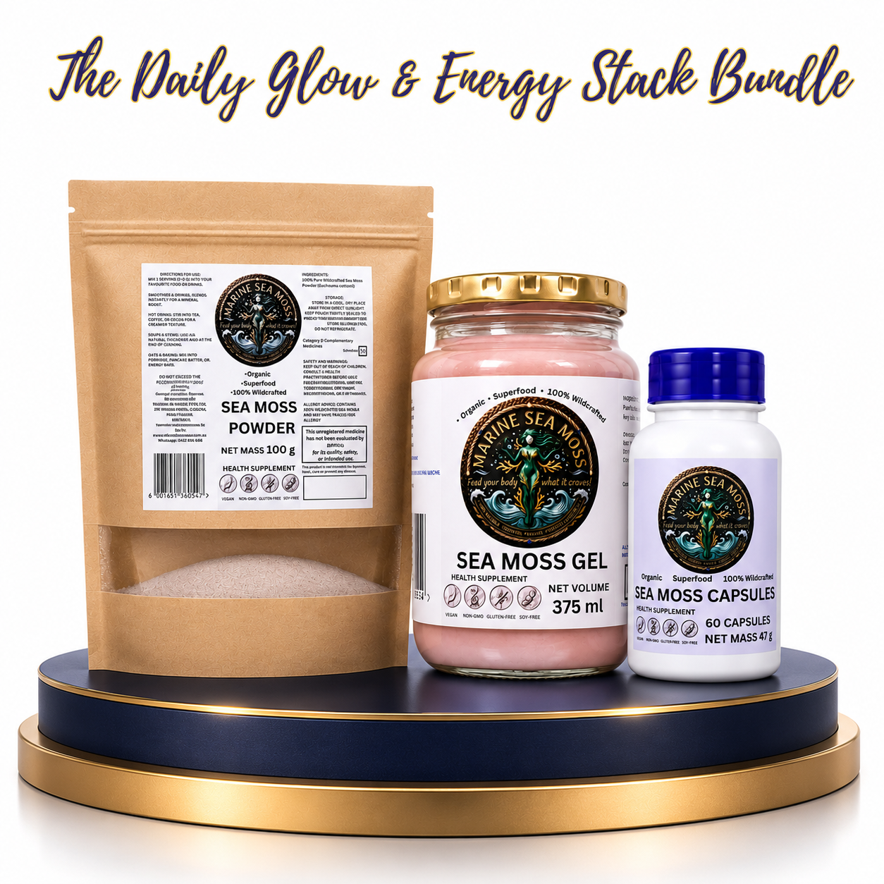 The Daily Glow & Energy Stack Bundle featuring Marine Sea Moss Powder pouch, Sea Moss Gel jar, and Sea Moss Capsules bottle on a blue and gold display pedestal