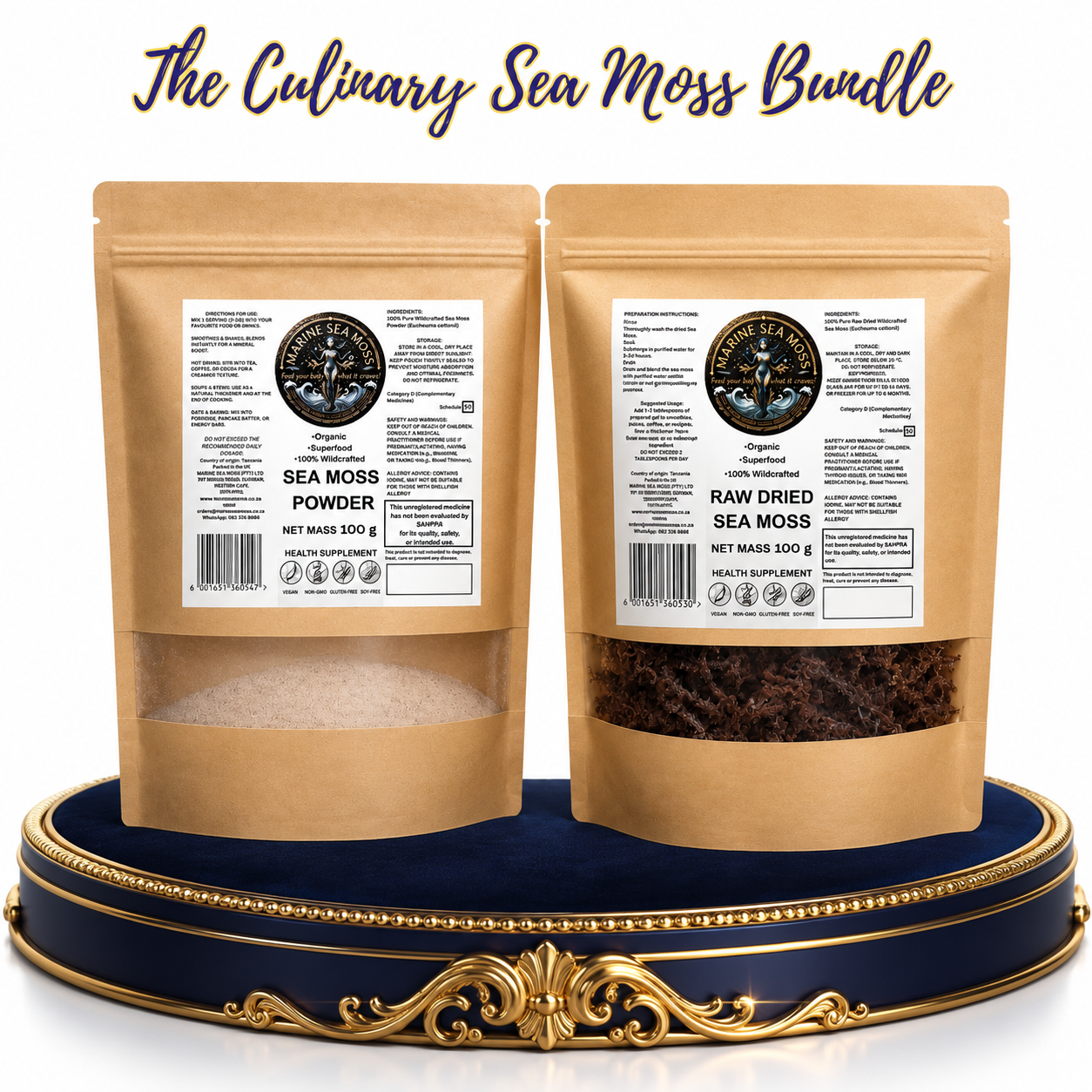 Two stand-up pouches from Marine Sea Moss, featuring sea moss powder and raw dried sea moss, displayed elegantly on a navy and gold tray against a white background. This Culinary Sea Moss Bundle offers premium, wildcrafted superfoods for daily wellness.