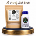 A stand-up pouch of Marine Sea Moss Powder alongside a bottle of Sea Moss Capsules on a gold-rimmed pedestal, representing the potent Immunity Stack Bundle for daily wellness
