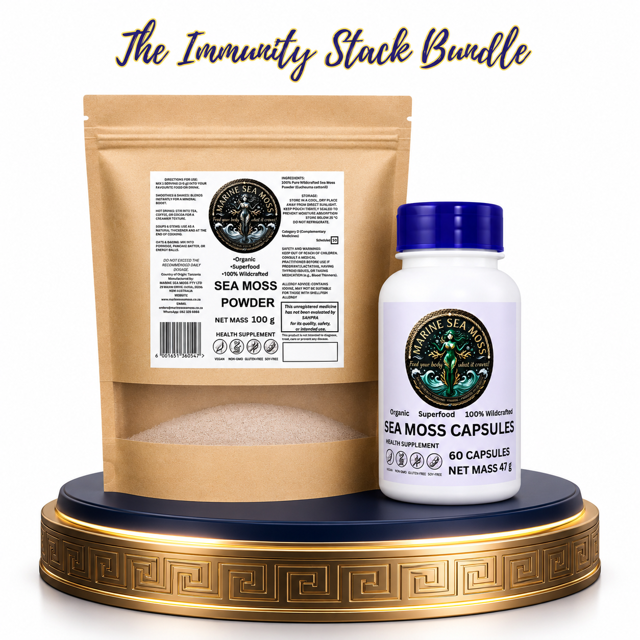 A stand-up pouch of Marine Sea Moss Powder alongside a bottle of Sea Moss Capsules on a gold-rimmed pedestal, representing the potent Immunity Stack Bundle for daily wellness
