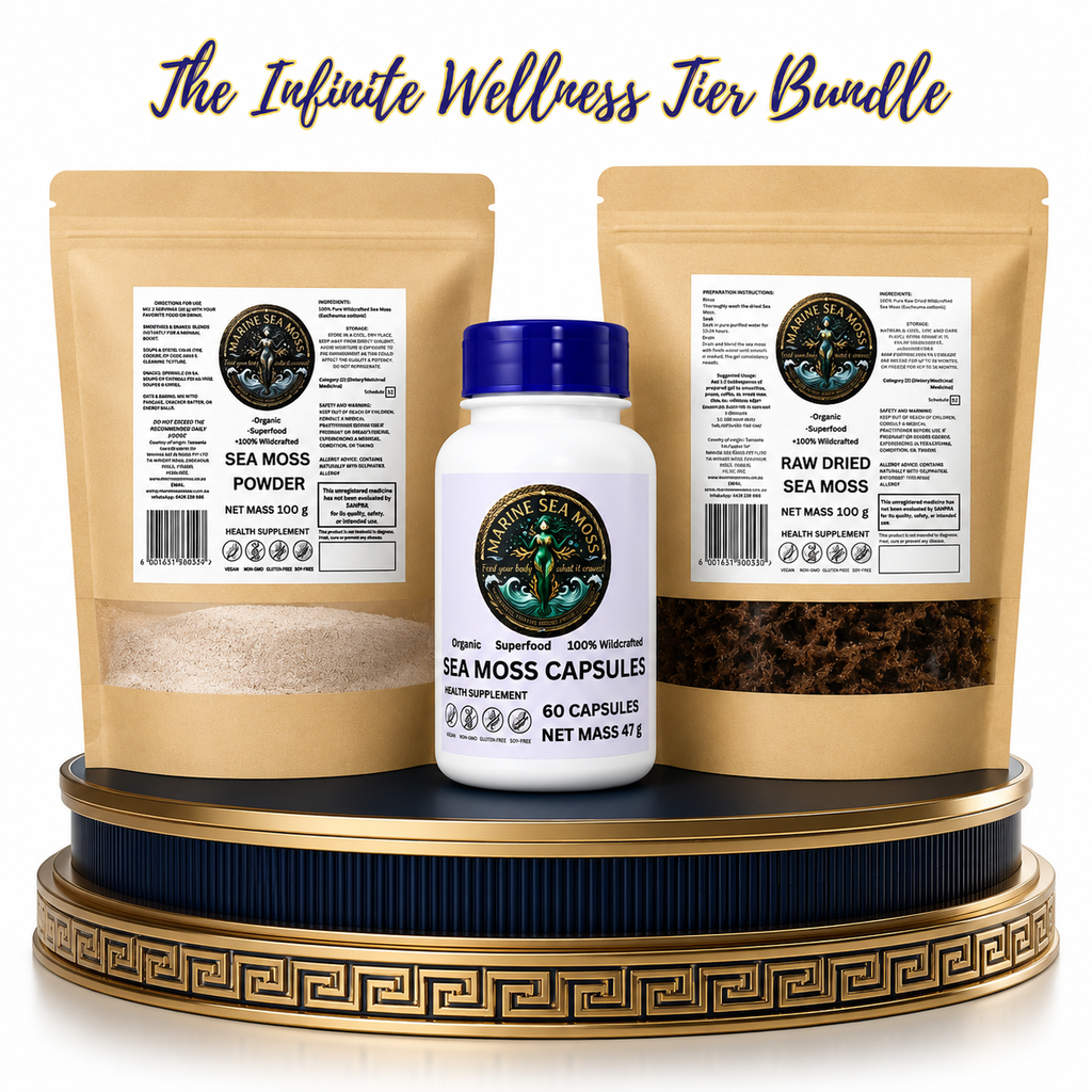 The Infinite Wellness Tier Bundle featuring a Marine Sea Moss Powder pouch, a Sea Moss Capsules bottle, and a Raw Dried Sea Moss pouch displayed on a decorative gold and blue pedestal