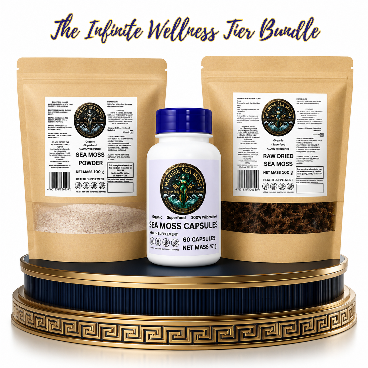 The Infinite Wellness Tier Bundle featuring a Marine Sea Moss Powder pouch, a Sea Moss Capsules bottle, and a Raw Dried Sea Moss pouch displayed on a decorative gold and blue pedestal