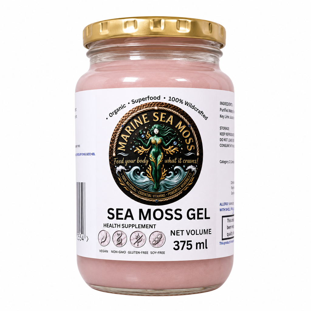 Premium Organic Wildcrafted Marine Sea Moss Gel 375ml in glass jar with gold lid