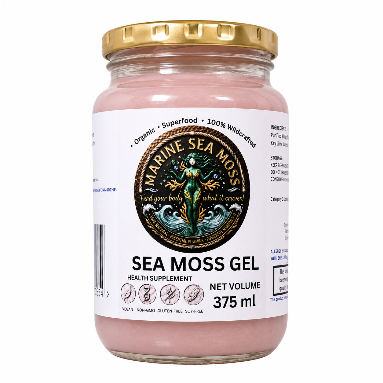 Premium Organic Wildcrafted Marine Sea Moss Gel 375ml in glass jar with gold lid