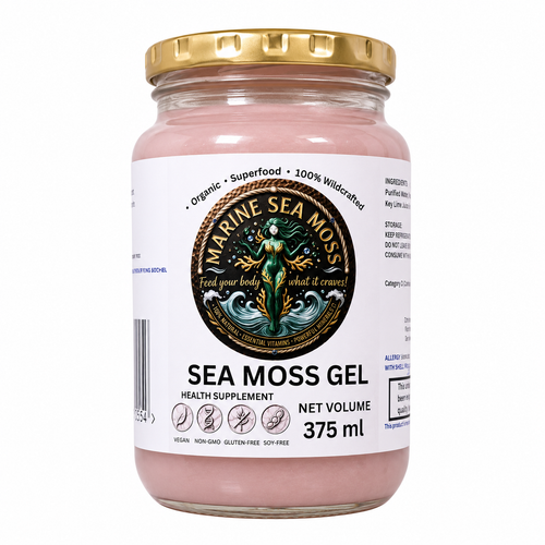 Premium Organic Wildcrafted Marine Sea Moss Gel 375ml in glass jar with gold lid