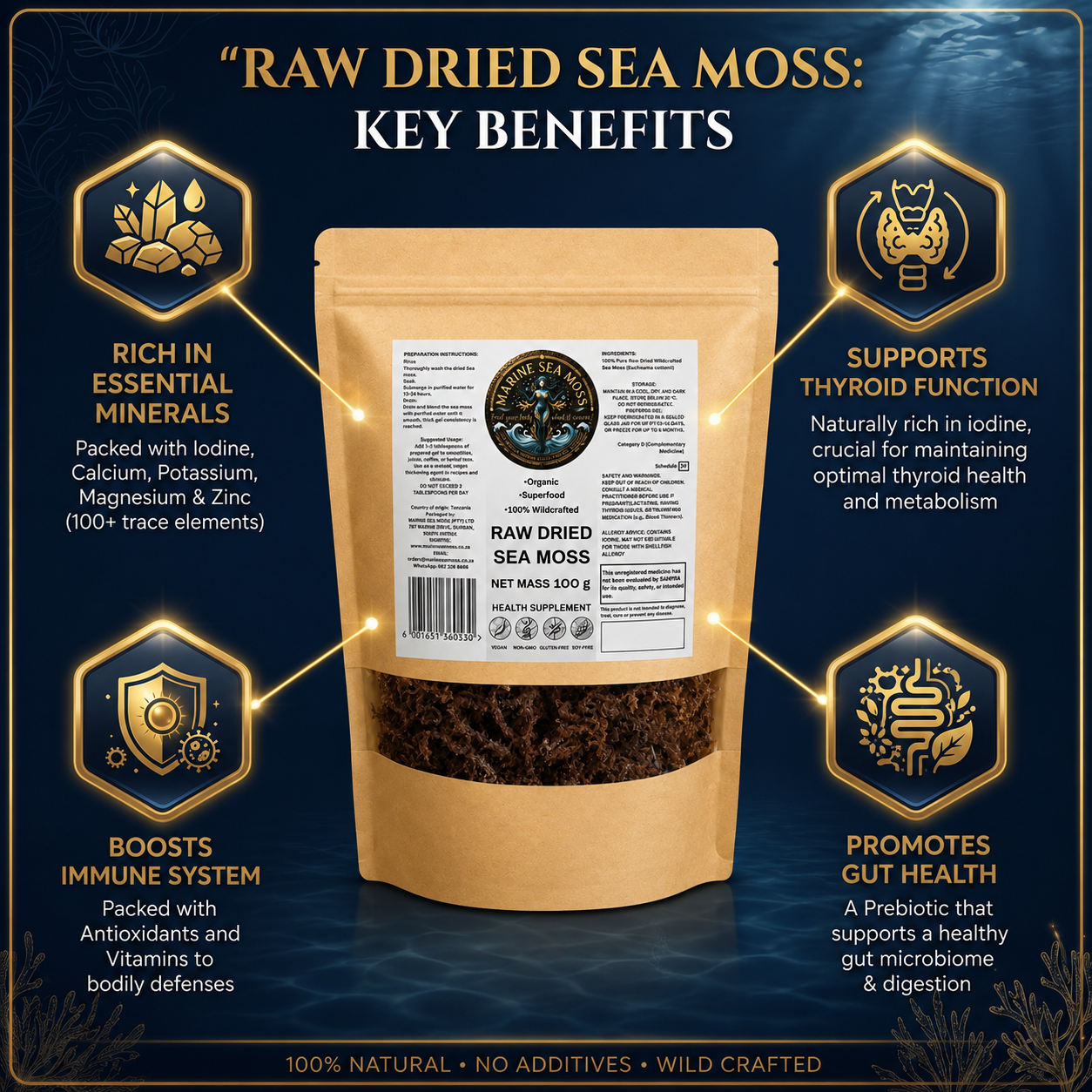 A stand-up pouch of Marine Raw Dried Sea Moss, surrounded by graphic icons that illustrate its key benefits: it is rich in essential minerals, supports thyroid function, boosts the immune system, and promotes gut health