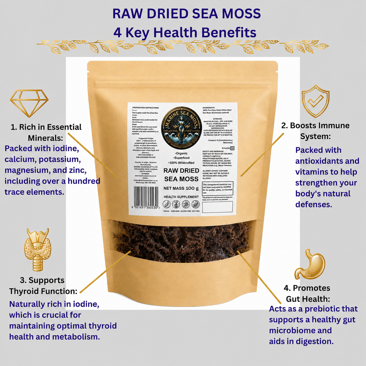 Infographic highlighting the four key health benefits of raw dried sea moss