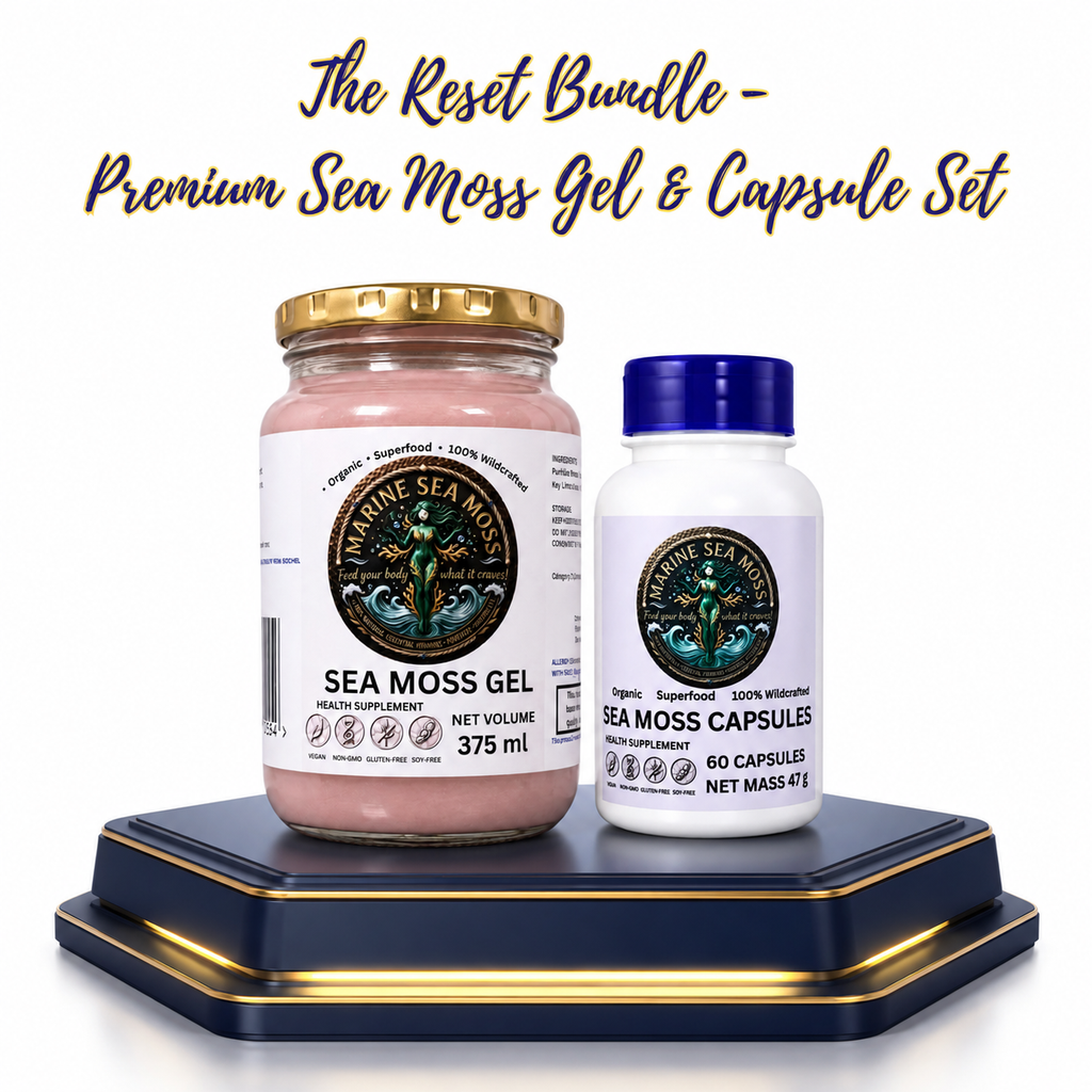 Premium Sea Moss Gel and Capsule Reset Bundle displayed on an elegant navy and gold pedestal