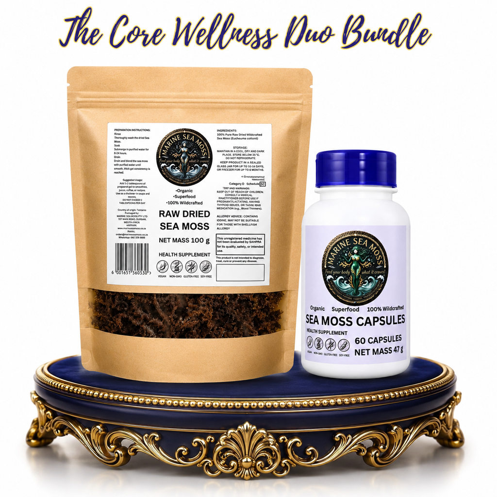 A Marine Sea Moss product bundle featuring a large stand-up pouch of raw dried sea moss and a white bottle of sea moss capsules, both branded 'The Core Wellness Duo Bundle' and displayed on an ornate gold and blue pedestal against a white background. Located in South Africa