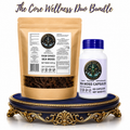 A Marine Sea Moss product bundle featuring a large stand-up pouch of raw dried sea moss and a white bottle of sea moss capsules, both branded 'The Core Wellness Duo Bundle' and displayed on an ornate gold and blue pedestal against a white background. Located in South Africa