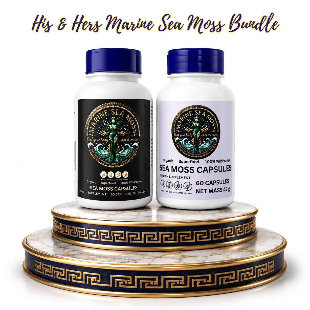 His & Hers Sea Moss Capsules Bundle - two bottles of organic, wildcrafted sea moss capsules on a gold and marble pedestal