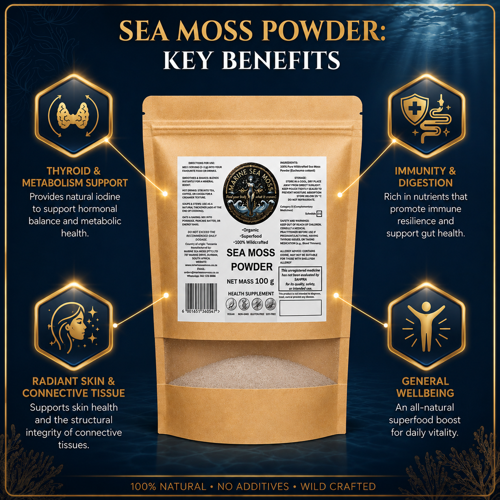 A stand-up pouch of Marine Sea Moss Powder, surrounded by graphic icons illustrating key benefits such as thyroid and metabolism support, radiant skin, immunity and digestion, and general wellbeing