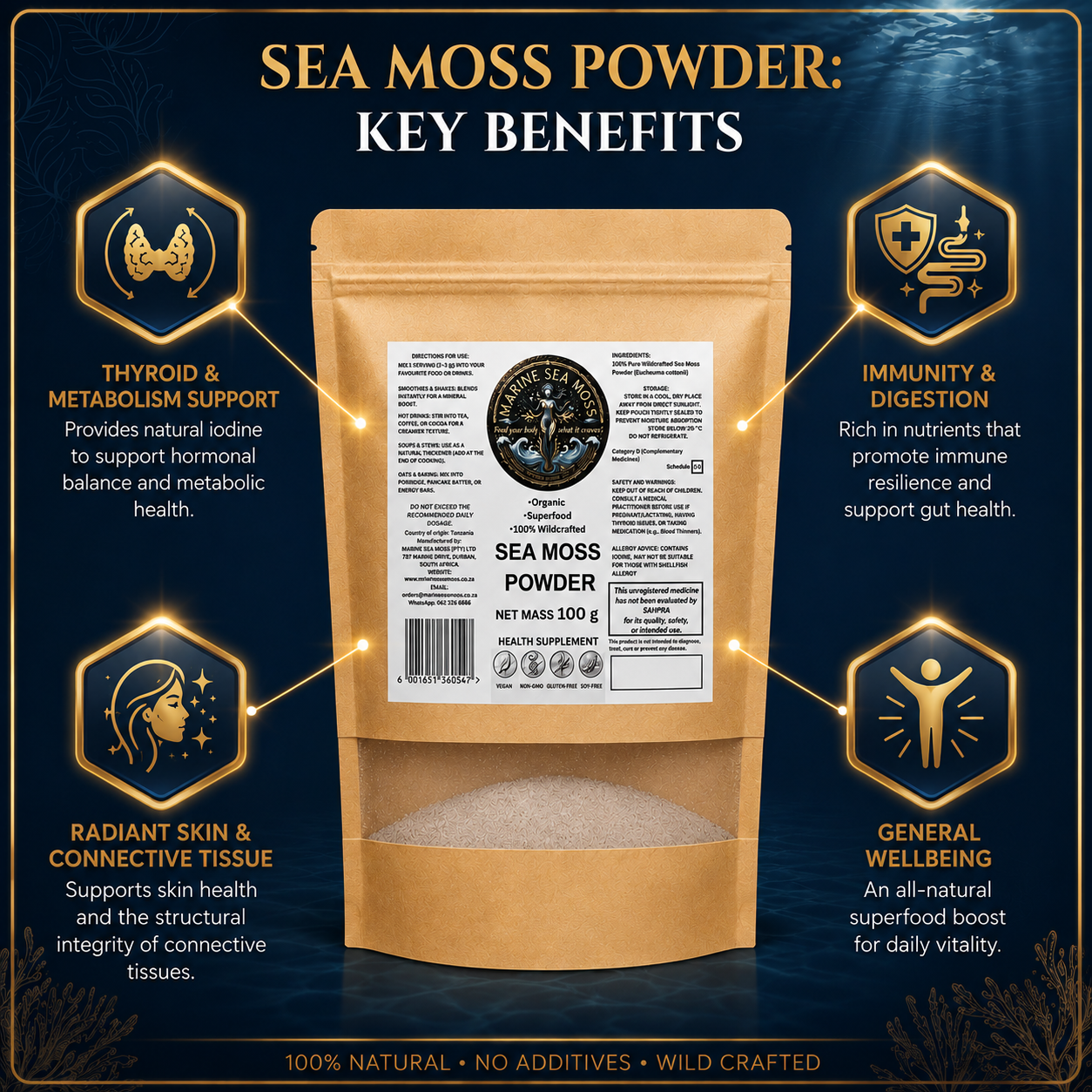 A stand-up pouch of Marine Sea Moss Powder, surrounded by graphic icons illustrating key benefits such as thyroid and metabolism support, radiant skin, immunity and digestion, and general wellbeing