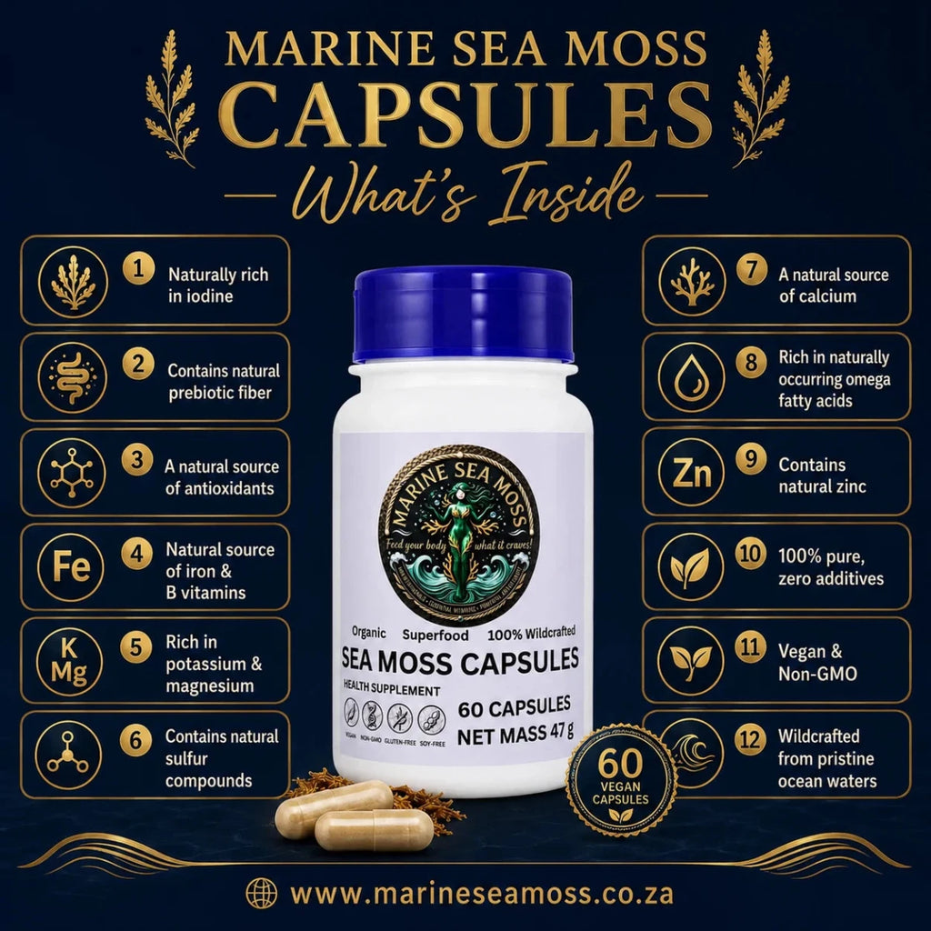 Marine Sea Moss Capsules supplement bottle with a blue cap and white label, shown on a dark navy promotional background with gold text, icons, and capsules in front. The image includes product nutritional features listed around the bottle