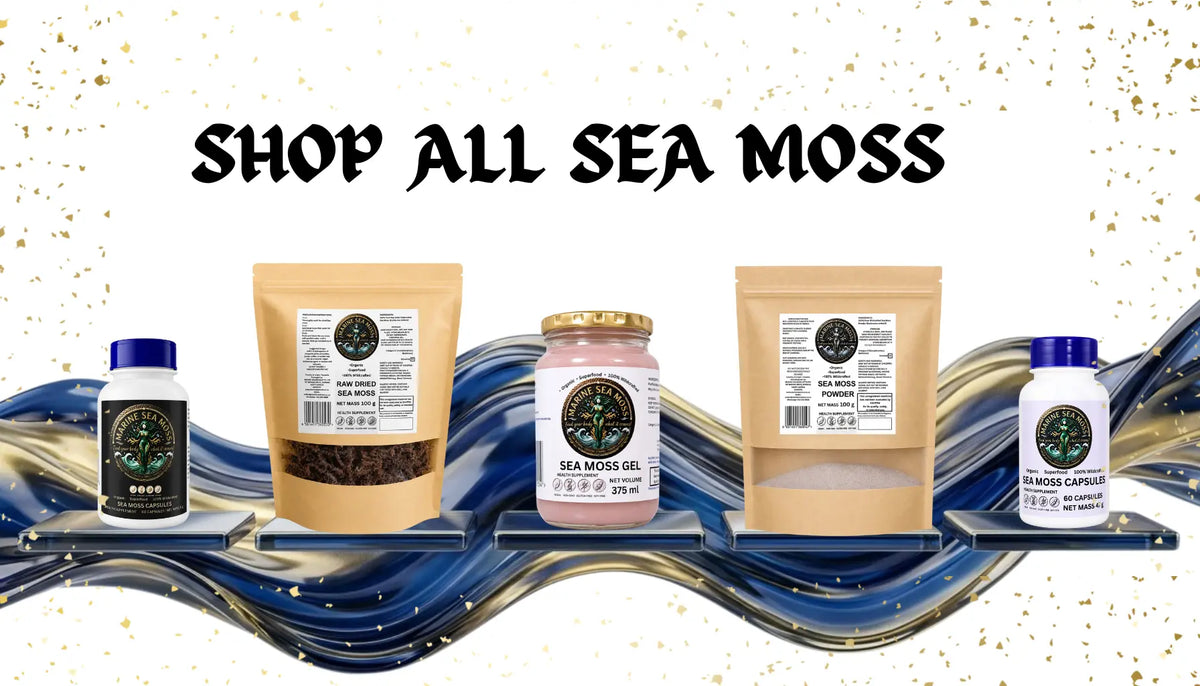 A promotional banner for 'SHOP ALL SEA MOSS' showing five different sea moss products from the brand Marine Sea Moss arranged on a stylized blue and gold wave platform against a white background with gold glitter specks.