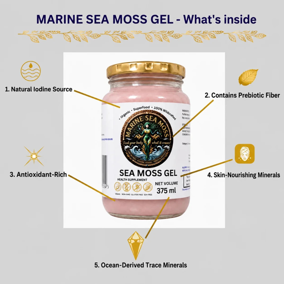 Marine Sea Moss Gel 375ml jar with 5 key nutritional features on a light gray background.