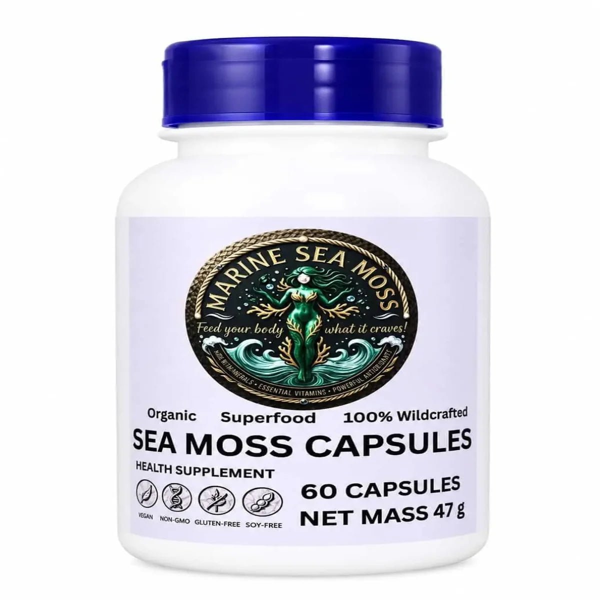 Marine Sea Moss capsules bottle with a blue cap, featuring wildcrafted 60 vegan capsule formula in a premium grade of  1,566 milligrams per serving