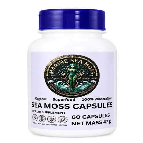 Marine Sea Moss capsules bottle with a blue cap, featuring wildcrafted 60 vegan capsule formula in a premium grade of  1,566 milligrams per serving