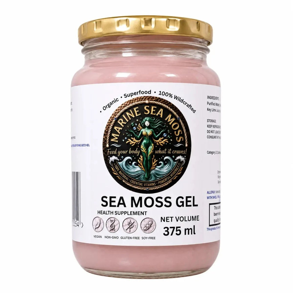 Marine Sea Moss Gel 375ml in a glass jar with gold lid – 100% Wildcrafted