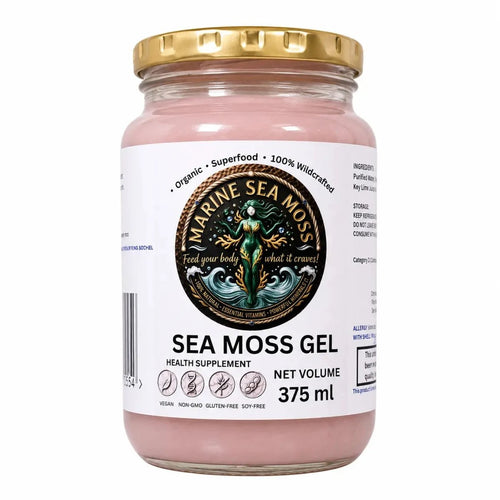 Marine Sea Moss Gel 375ml in a glass jar with gold lid – 100% Wildcrafted